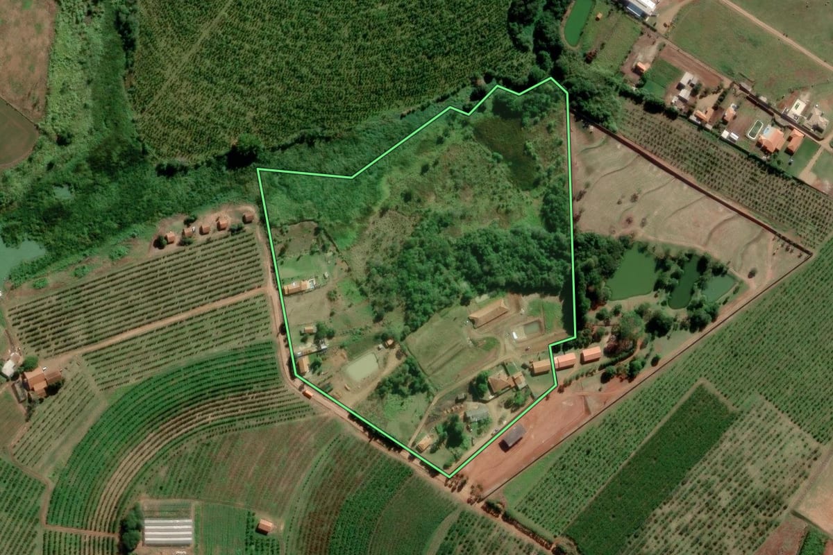 Imagem de satélite do imóvel rural em Paranapanema (SP), com o contorno declarado no CAR desenhado por cima.