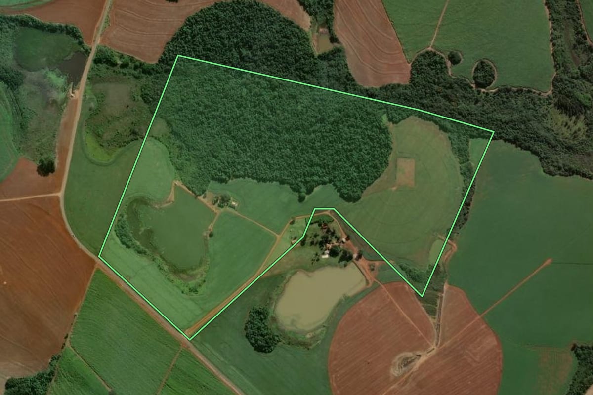 Imagem de satélite do imóvel rural em Paranapanema (SP), com o contorno declarado no CAR desenhado por cima.