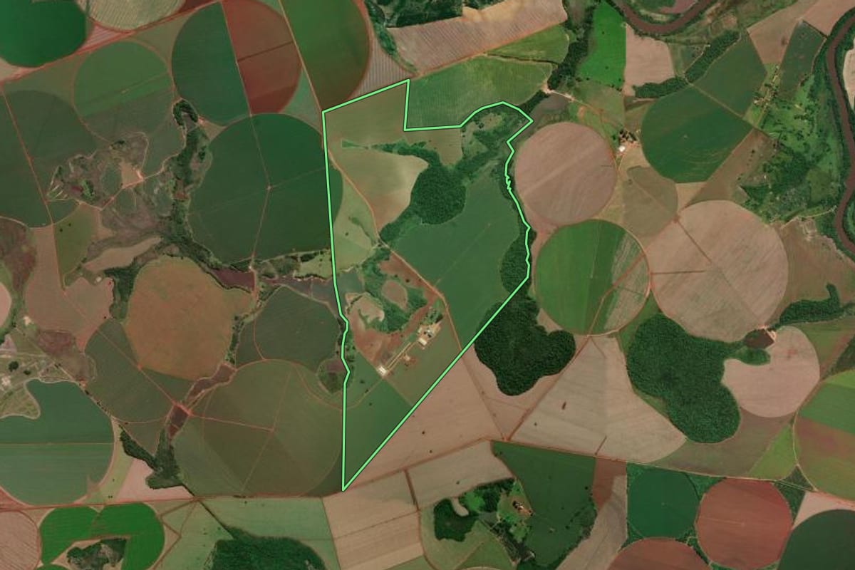 Imagem de satélite do imóvel rural em Paranapanema (SP), com o contorno declarado no CAR desenhado por cima.