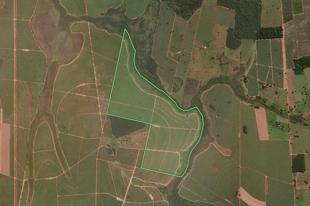 Imagem de satélite do imóvel rural em Paranapuã (SP), com o contorno declarado no CAR desenhado por cima.