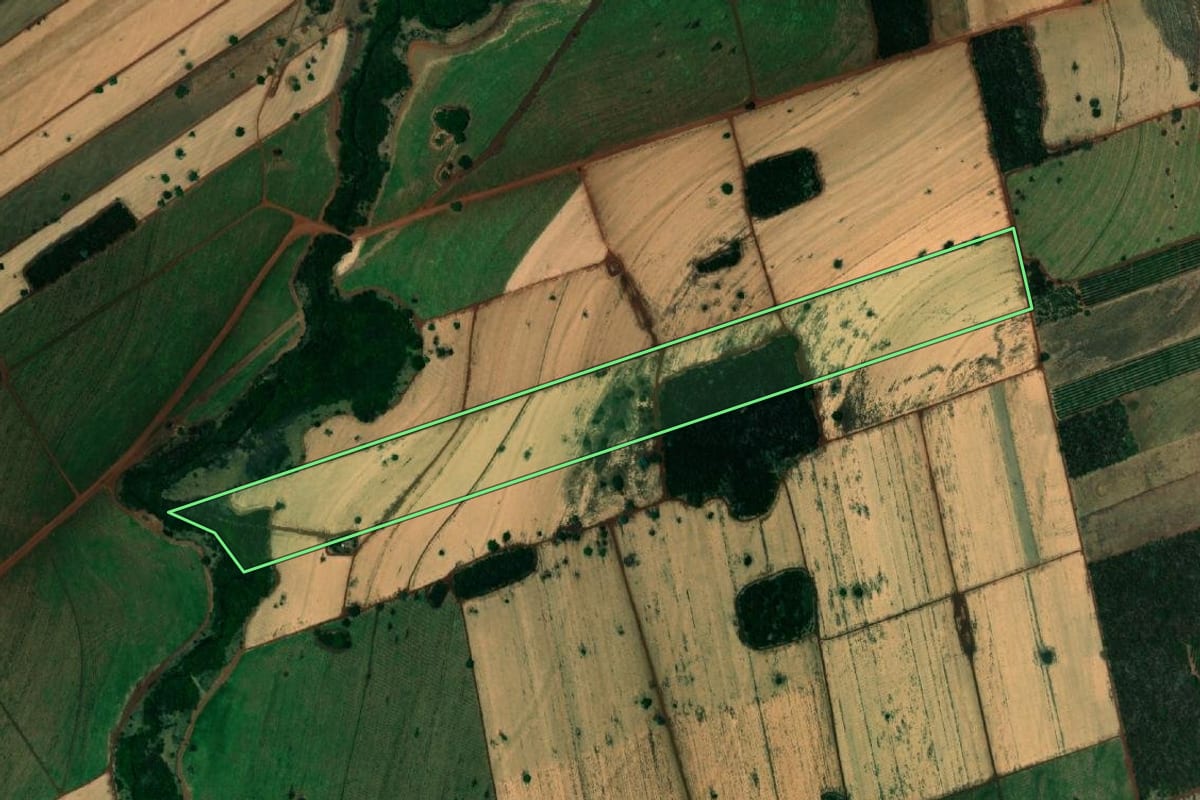 Imagem de satélite do imóvel rural em Paranapuã (SP), com o contorno declarado no CAR desenhado por cima.