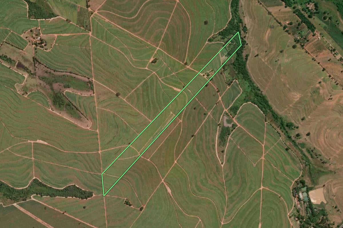 Imagem de satélite do imóvel rural em Parapuã (SP), com o contorno declarado no CAR desenhado por cima.