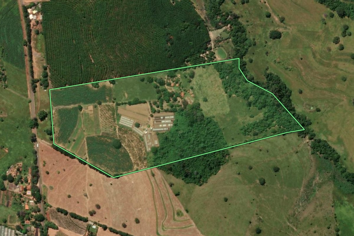 Imagem de satélite do imóvel rural em Parapuã (SP), com o contorno declarado no CAR desenhado por cima.