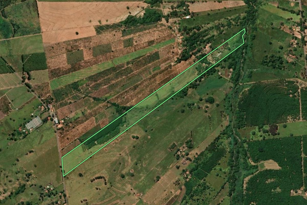 Imagem de satélite do imóvel rural em Parapuã (SP), com o contorno declarado no CAR desenhado por cima.