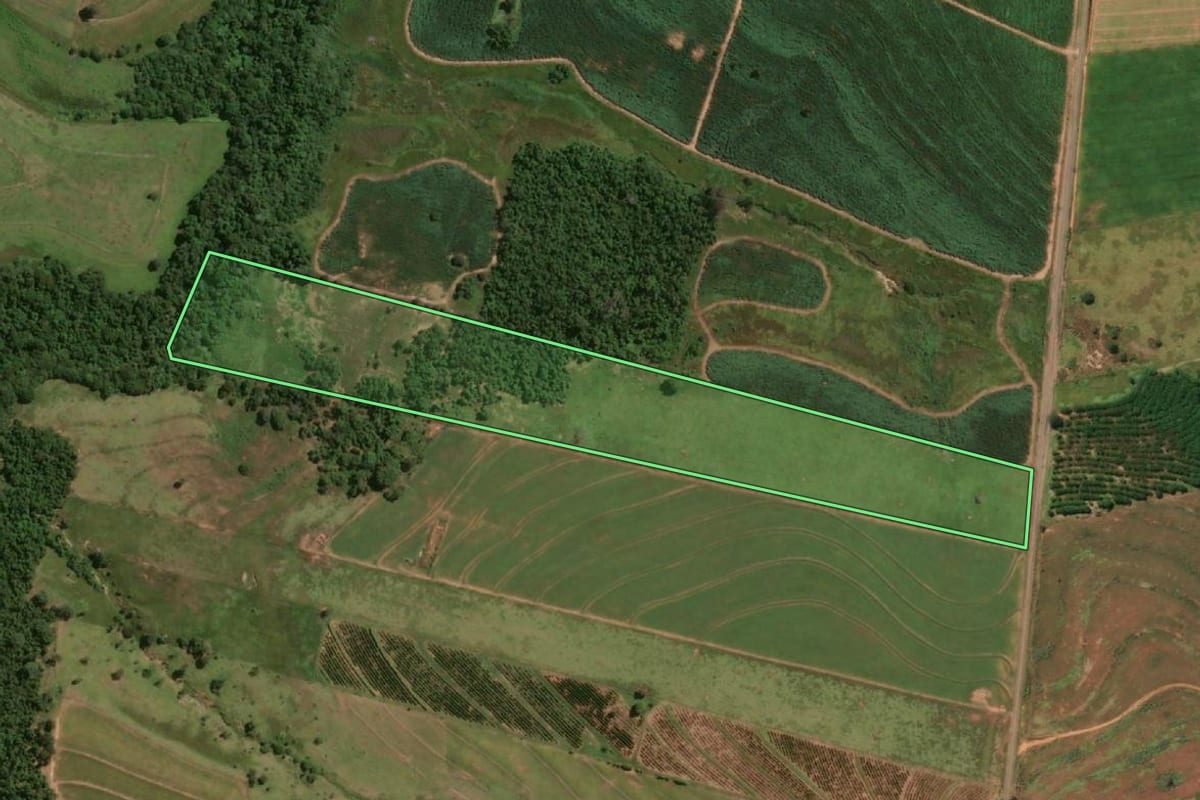 Imagem de satélite do imóvel rural em Parapuã (SP), com o contorno declarado no CAR desenhado por cima.