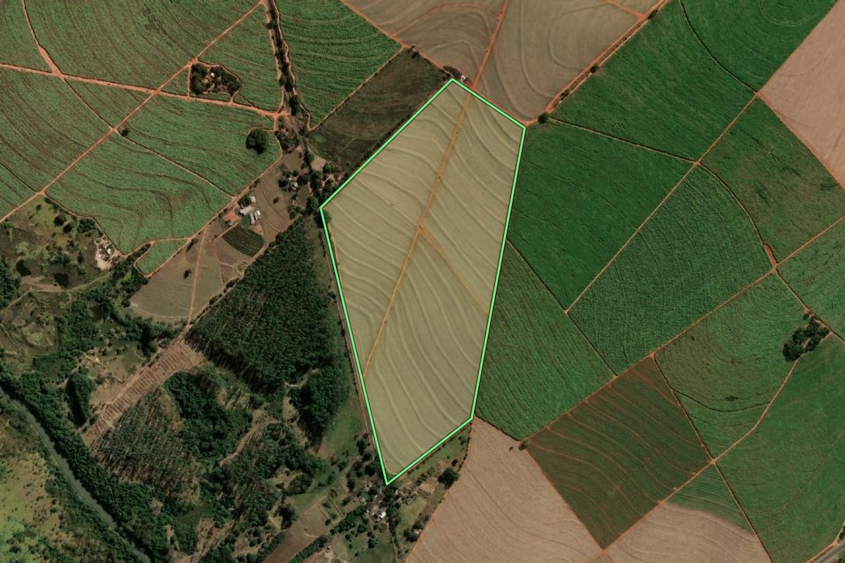 Imagem de satélite do imóvel rural em Parapuã (SP), com o contorno declarado no CAR desenhado por cima.