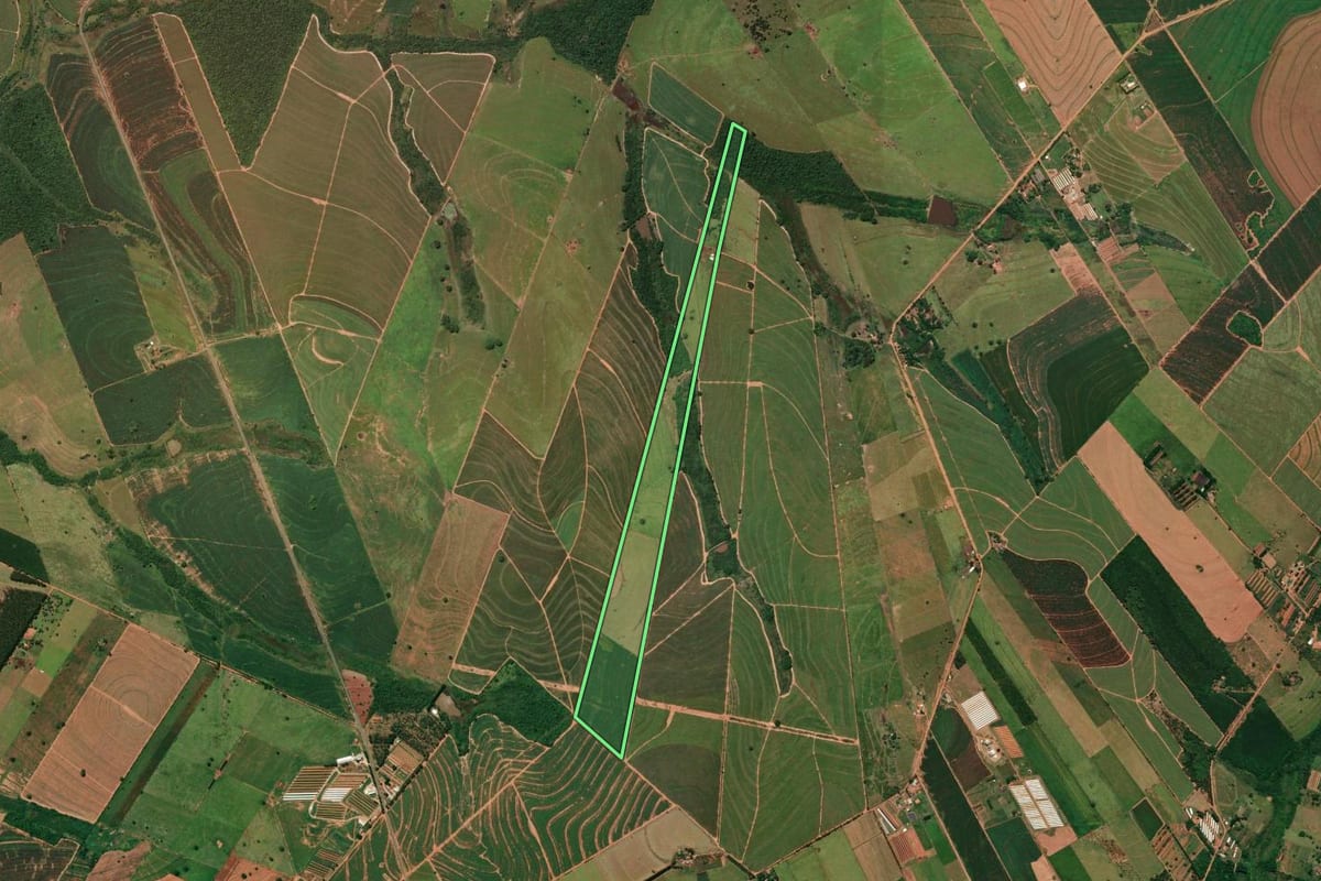 Imagem de satélite do imóvel rural em Parapuã (SP), com o contorno declarado no CAR desenhado por cima.