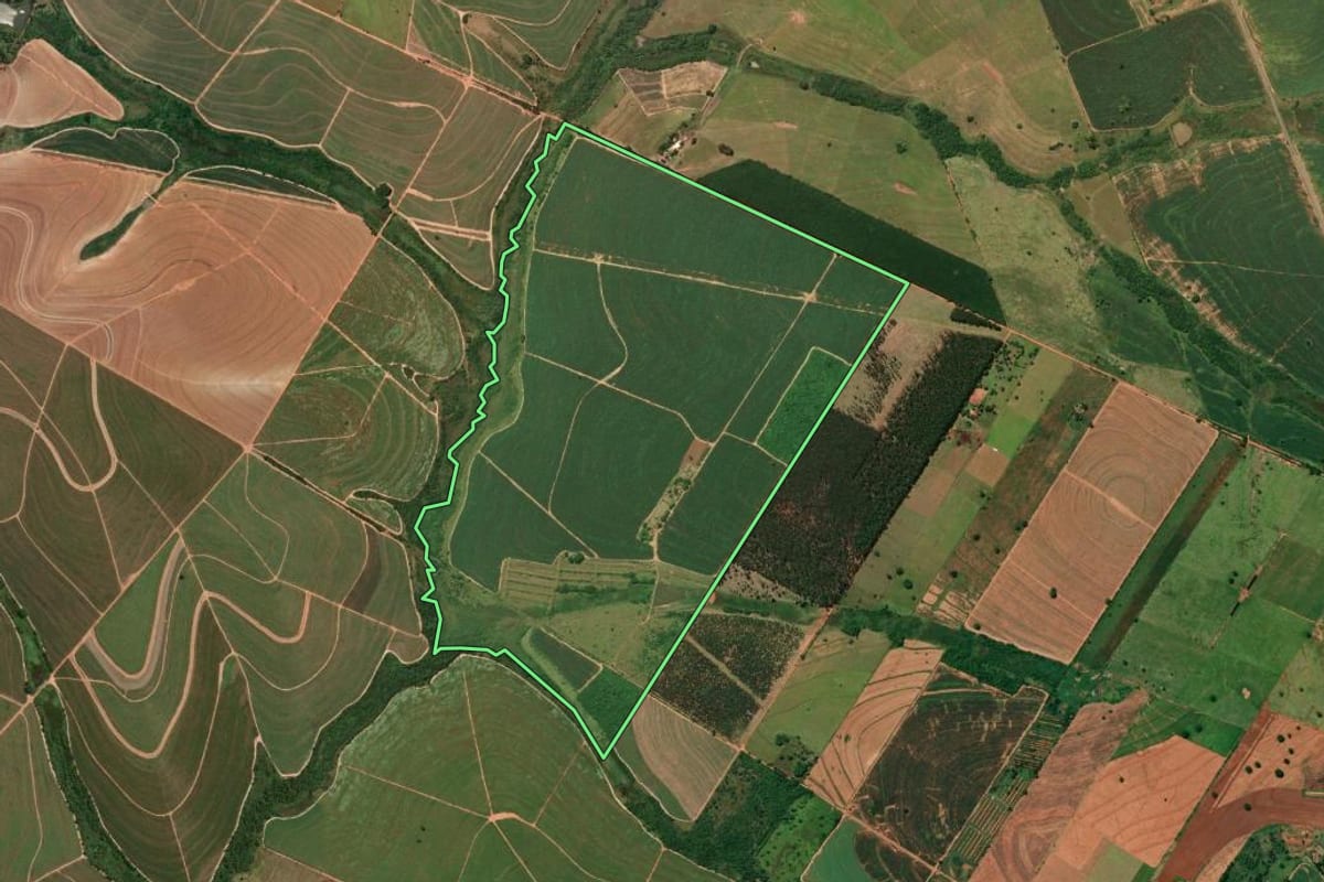 Imagem de satélite do imóvel rural em Parapuã (SP), com o contorno declarado no CAR desenhado por cima.