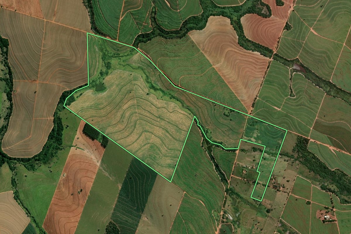 Imagem de satélite do imóvel rural em Parapuã (SP), com o contorno declarado no CAR desenhado por cima.