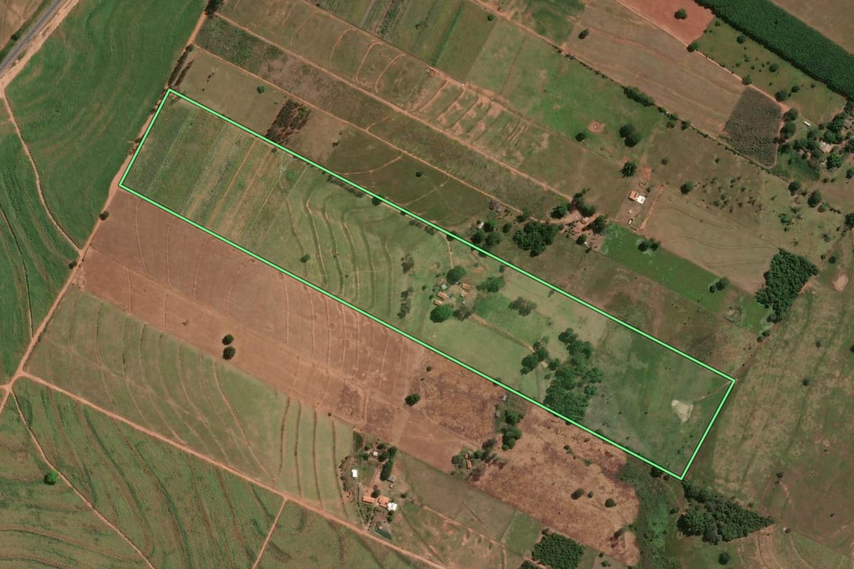 Imagem de satélite do imóvel rural em Parapuã (SP), com o contorno declarado no CAR desenhado por cima.