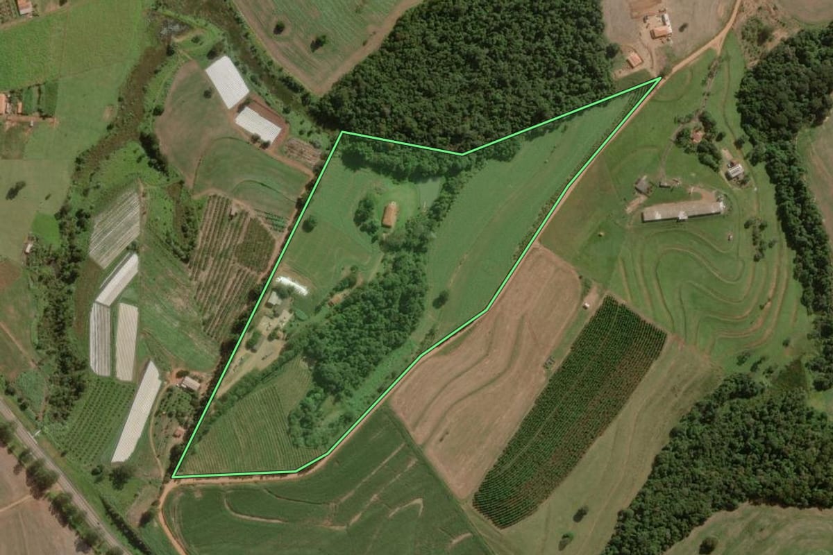 Imagem de satélite do imóvel rural em Pardinho (SP), com o contorno declarado no CAR desenhado por cima.