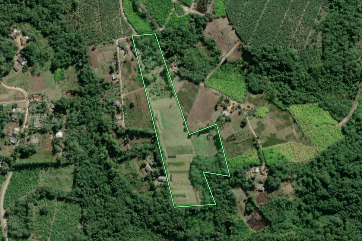 Imagem de satélite do imóvel rural em Pariquera-Açu (SP), com o contorno declarado no CAR desenhado por cima.