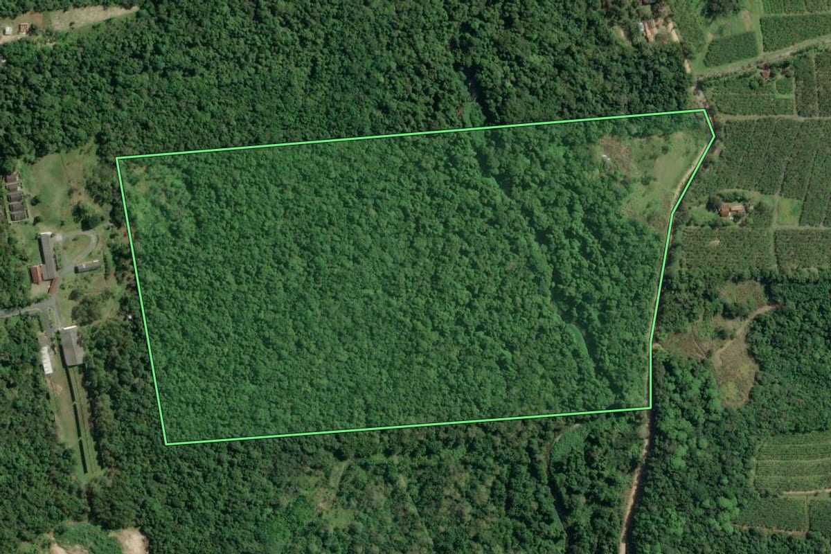 Imagem de satélite do imóvel rural em Pariquera-Açu (SP), com o contorno declarado no CAR desenhado por cima.