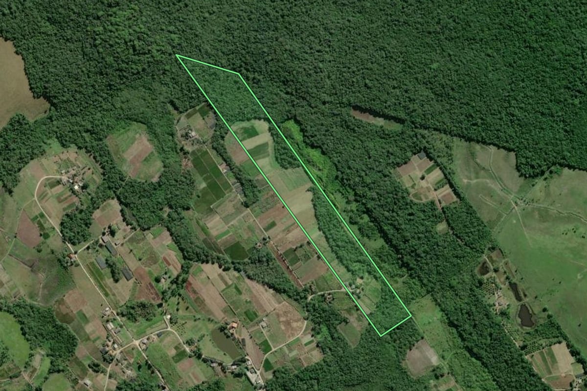 Imagem de satélite do imóvel rural em Pariquera-Açu (SP), com o contorno declarado no CAR desenhado por cima.