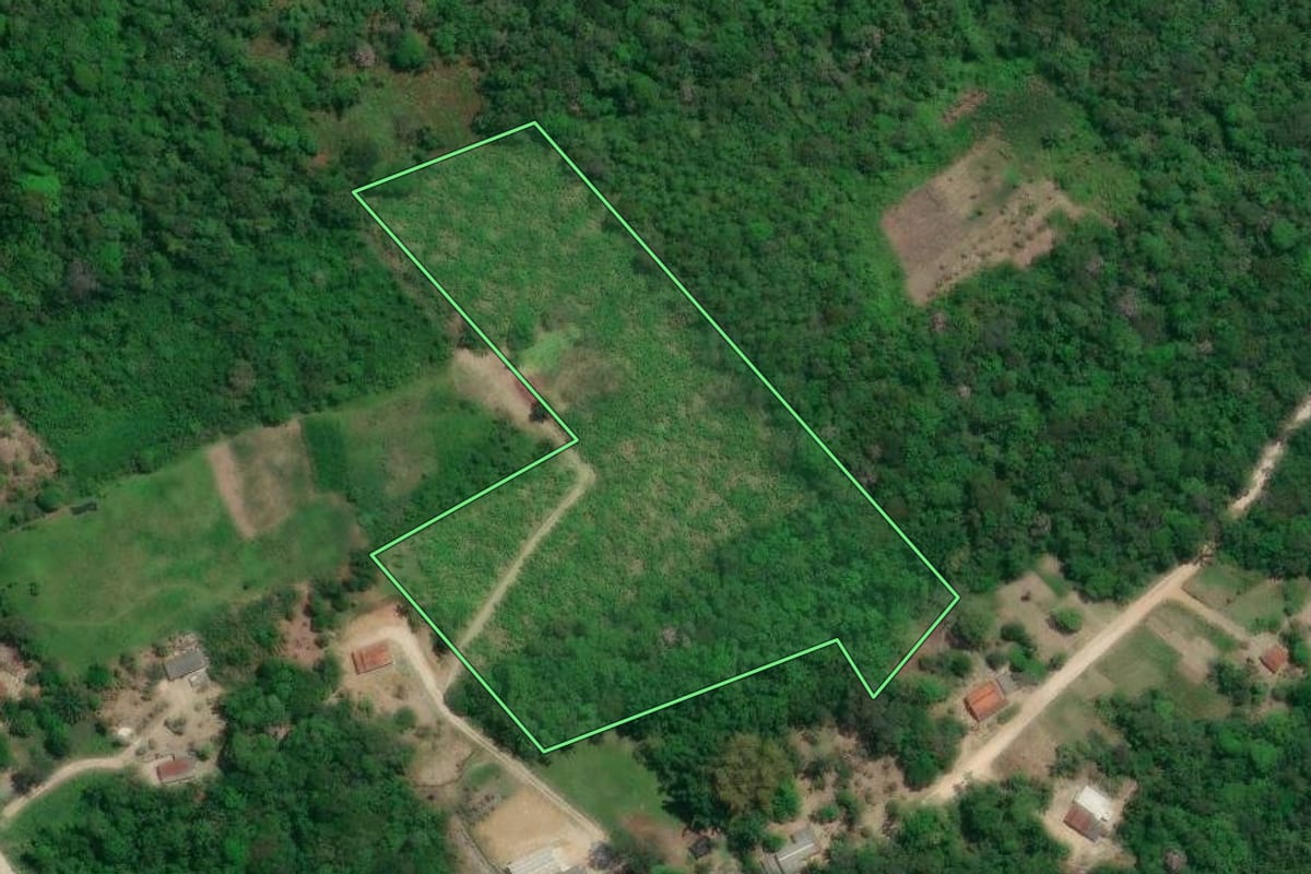 Imagem de satélite do imóvel rural em Pariquera-Açu (SP), com o contorno declarado no CAR desenhado por cima.