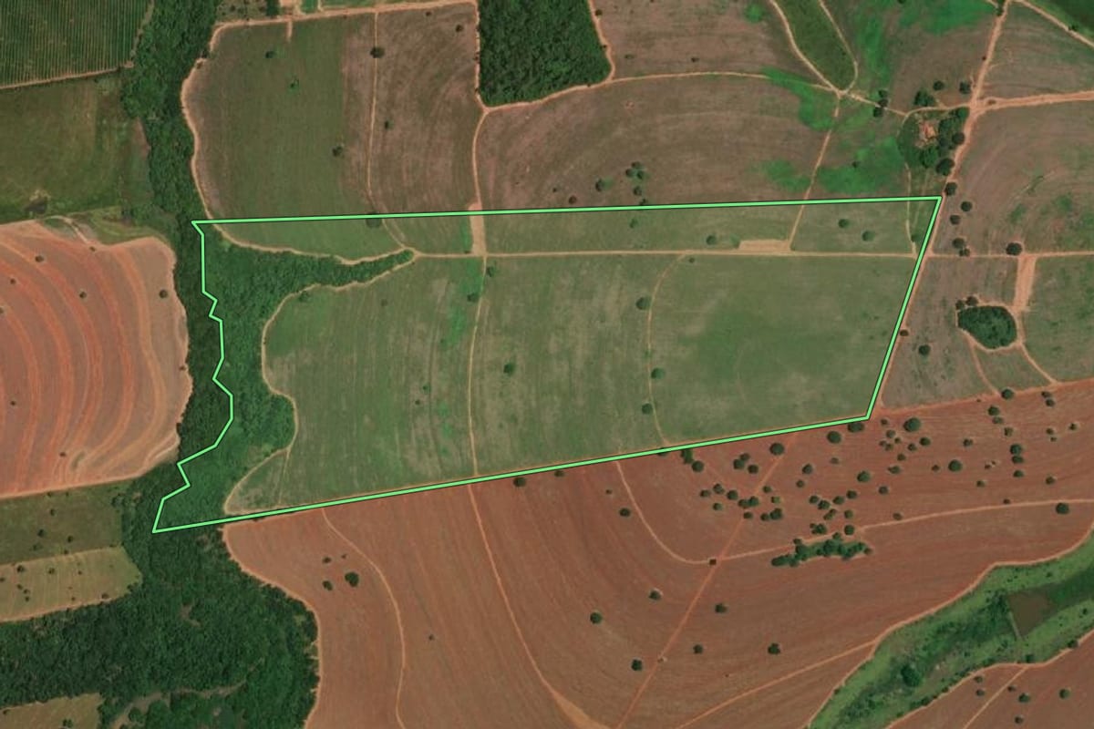 Imagem de satélite do imóvel rural em Parisi (SP), com o contorno declarado no CAR desenhado por cima.