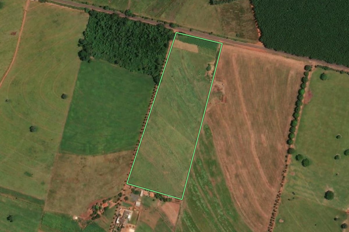 Imagem de satélite do imóvel rural em Parisi (SP), com o contorno declarado no CAR desenhado por cima.