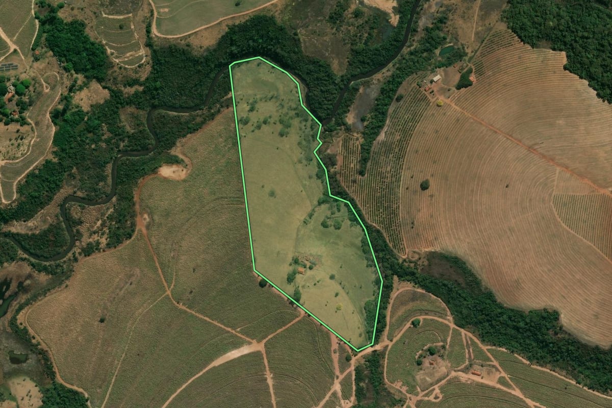 Imagem de satélite do imóvel rural em Patrocínio Paulista (SP), com o contorno declarado no CAR desenhado por cima.