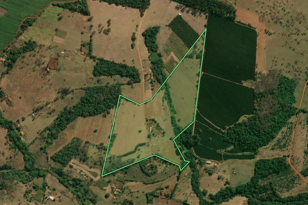 Imagem de satélite do imóvel rural em Patrocínio Paulista (SP), com o contorno declarado no CAR desenhado por cima.
