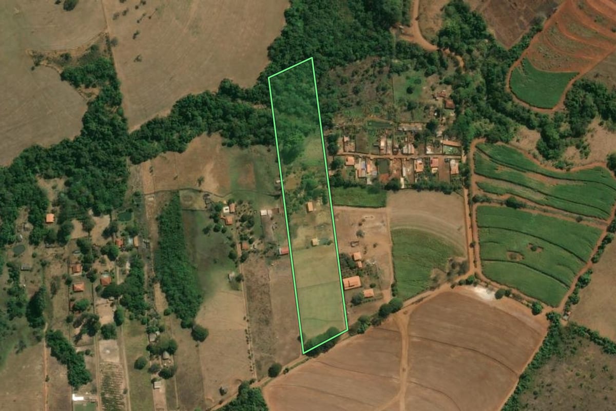 Imagem de satélite do imóvel rural em Patrocínio Paulista (SP), com o contorno declarado no CAR desenhado por cima.