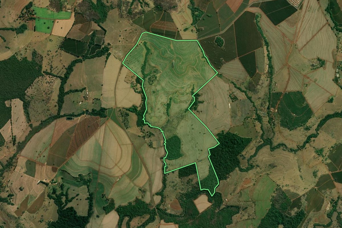 Imagem de satélite do imóvel rural em Patrocínio Paulista (SP), com o contorno declarado no CAR desenhado por cima.