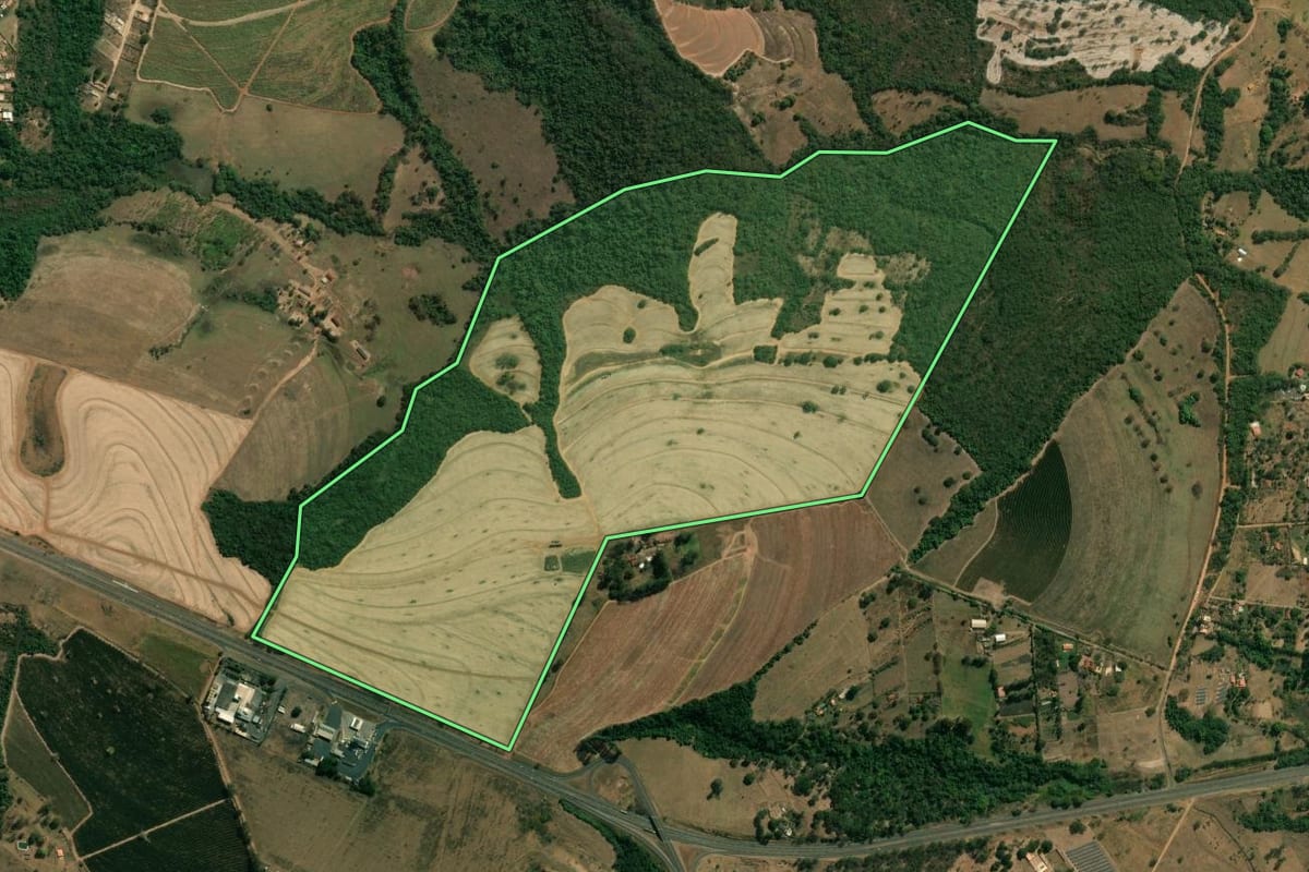 Imagem de satélite do imóvel rural em Patrocínio Paulista (SP), com o contorno declarado no CAR desenhado por cima.