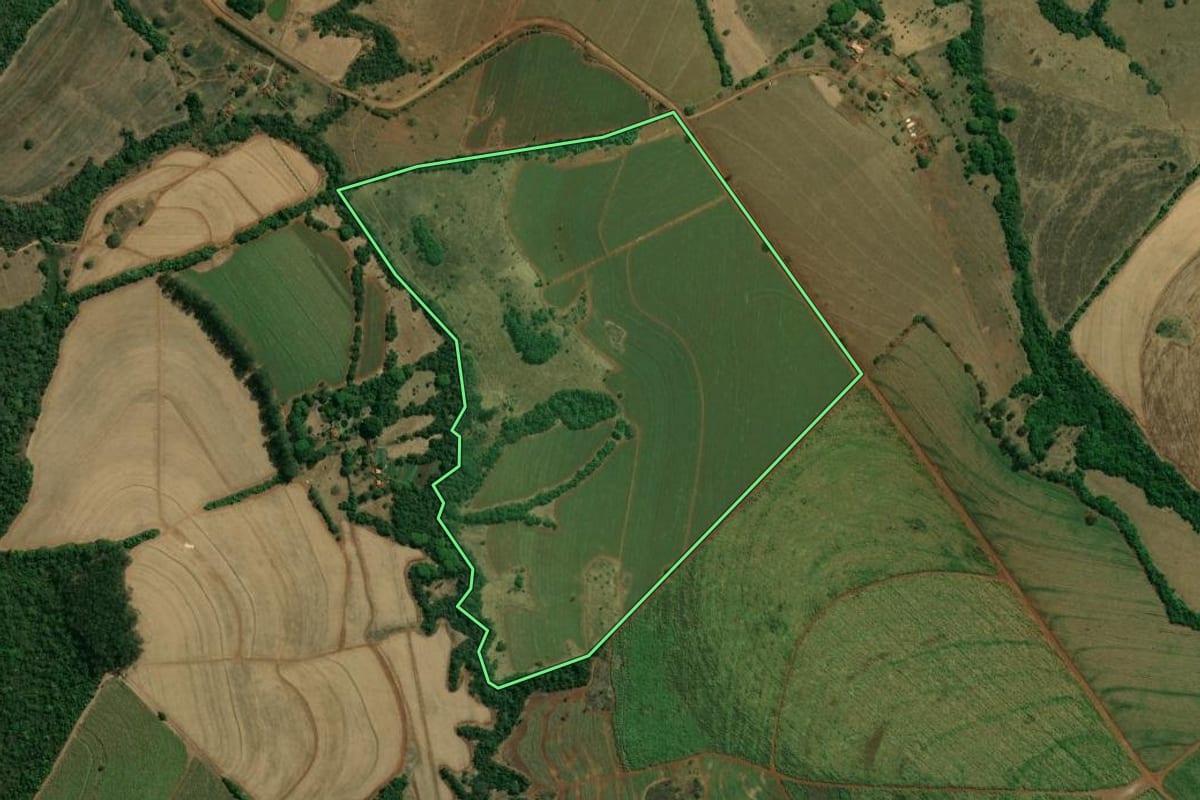 Imagem de satélite do imóvel rural em Patrocínio Paulista (SP), com o contorno declarado no CAR desenhado por cima.