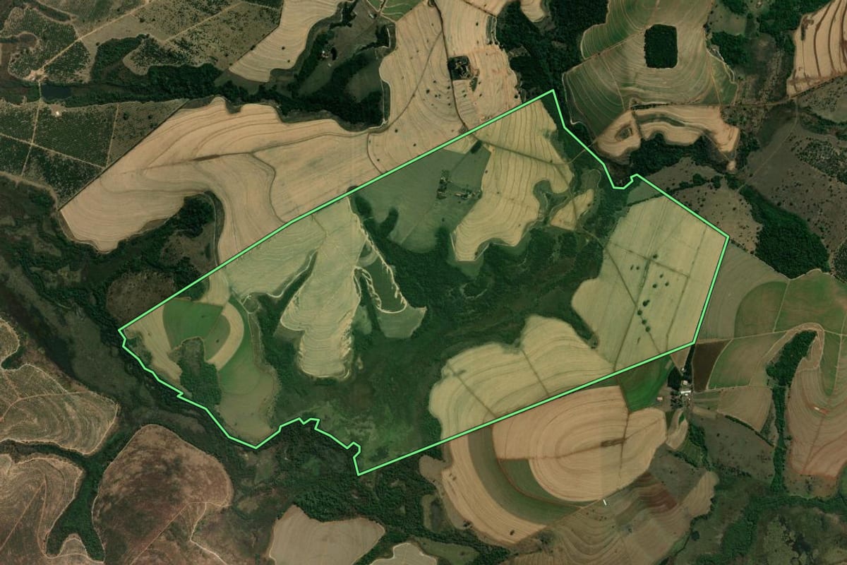 Imagem de satélite do imóvel rural em Patrocínio Paulista (SP), com o contorno declarado no CAR desenhado por cima.