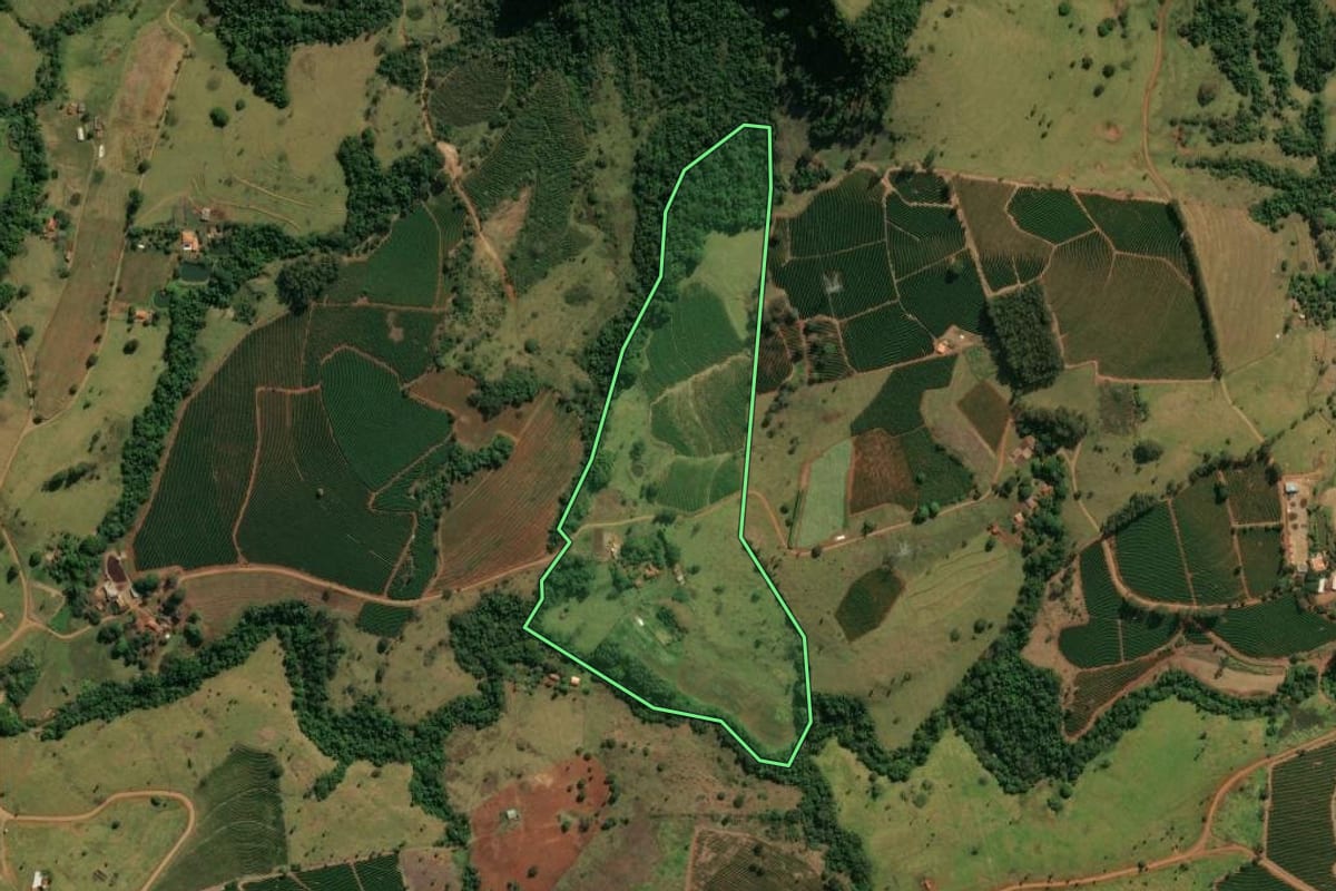 Imagem de satélite do imóvel rural em Patrocínio Paulista (SP), com o contorno declarado no CAR desenhado por cima.