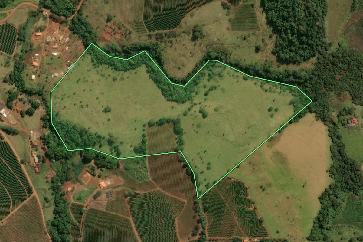 Imagem de satélite do imóvel rural em Patrocínio Paulista (SP), com o contorno declarado no CAR desenhado por cima.