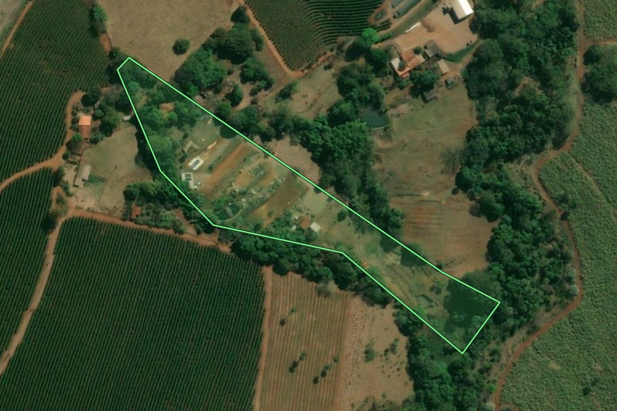 Imagem de satélite do imóvel rural em Patrocínio Paulista (SP), com o contorno declarado no CAR desenhado por cima.