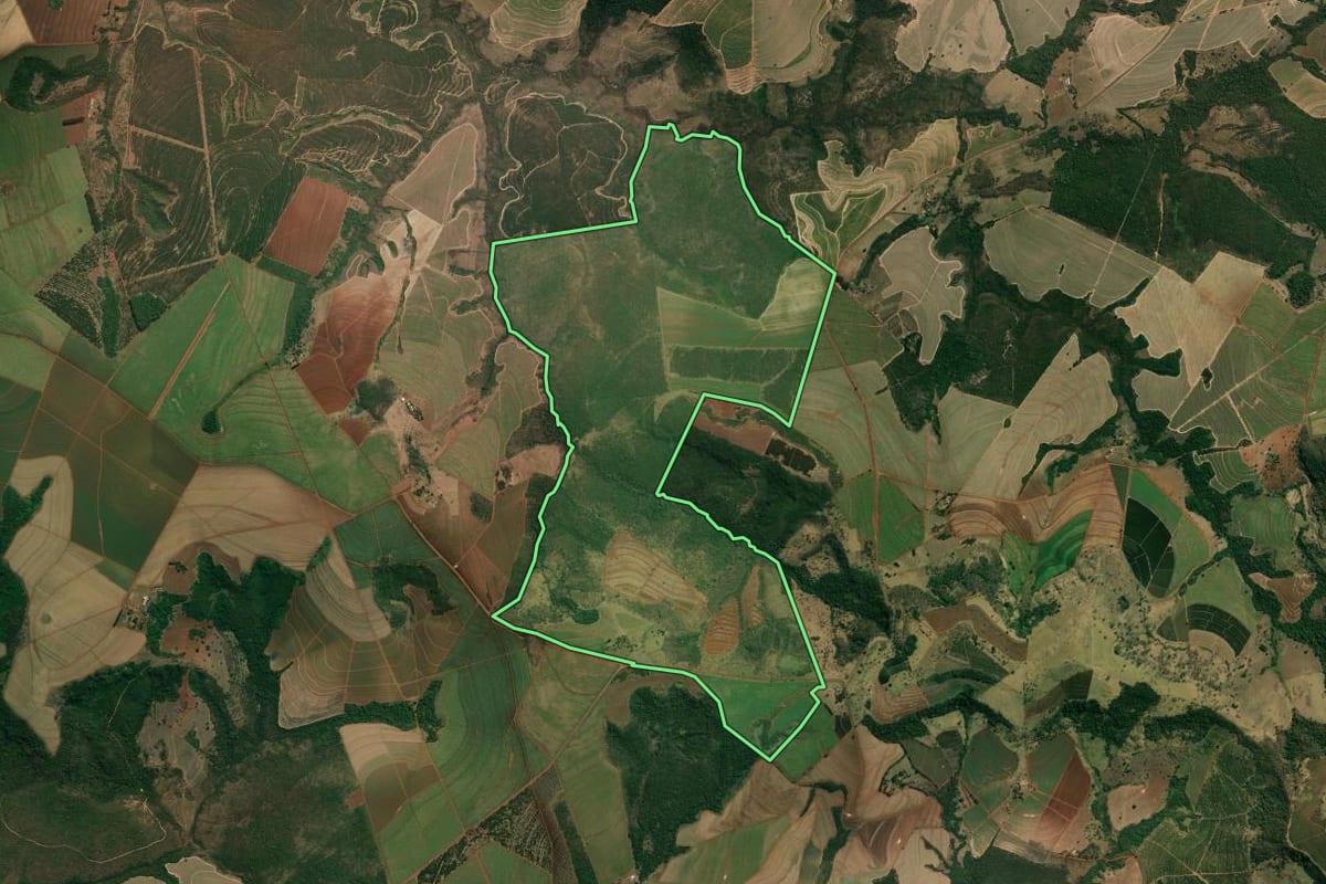 Imagem de satélite do imóvel rural em Patrocínio Paulista (SP), com o contorno declarado no CAR desenhado por cima.
