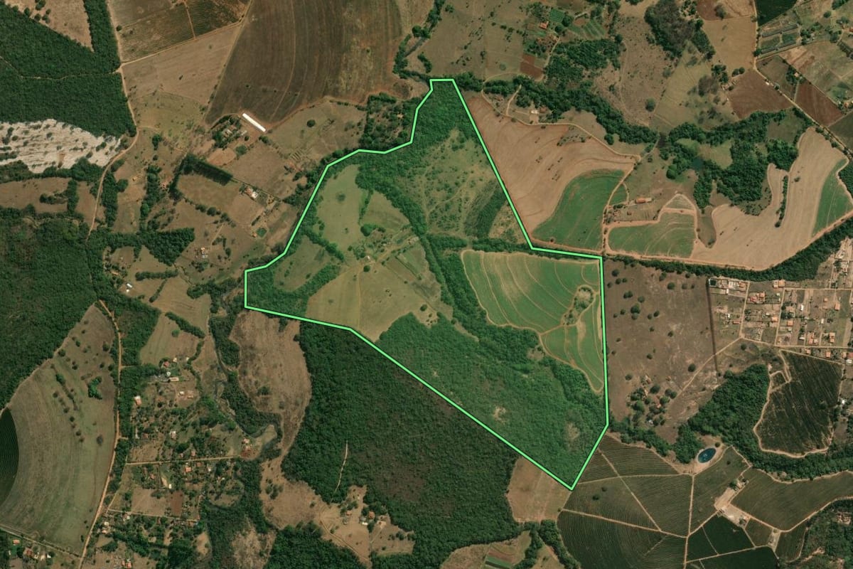 Imagem de satélite do imóvel rural em Patrocínio Paulista (SP), com o contorno declarado no CAR desenhado por cima.