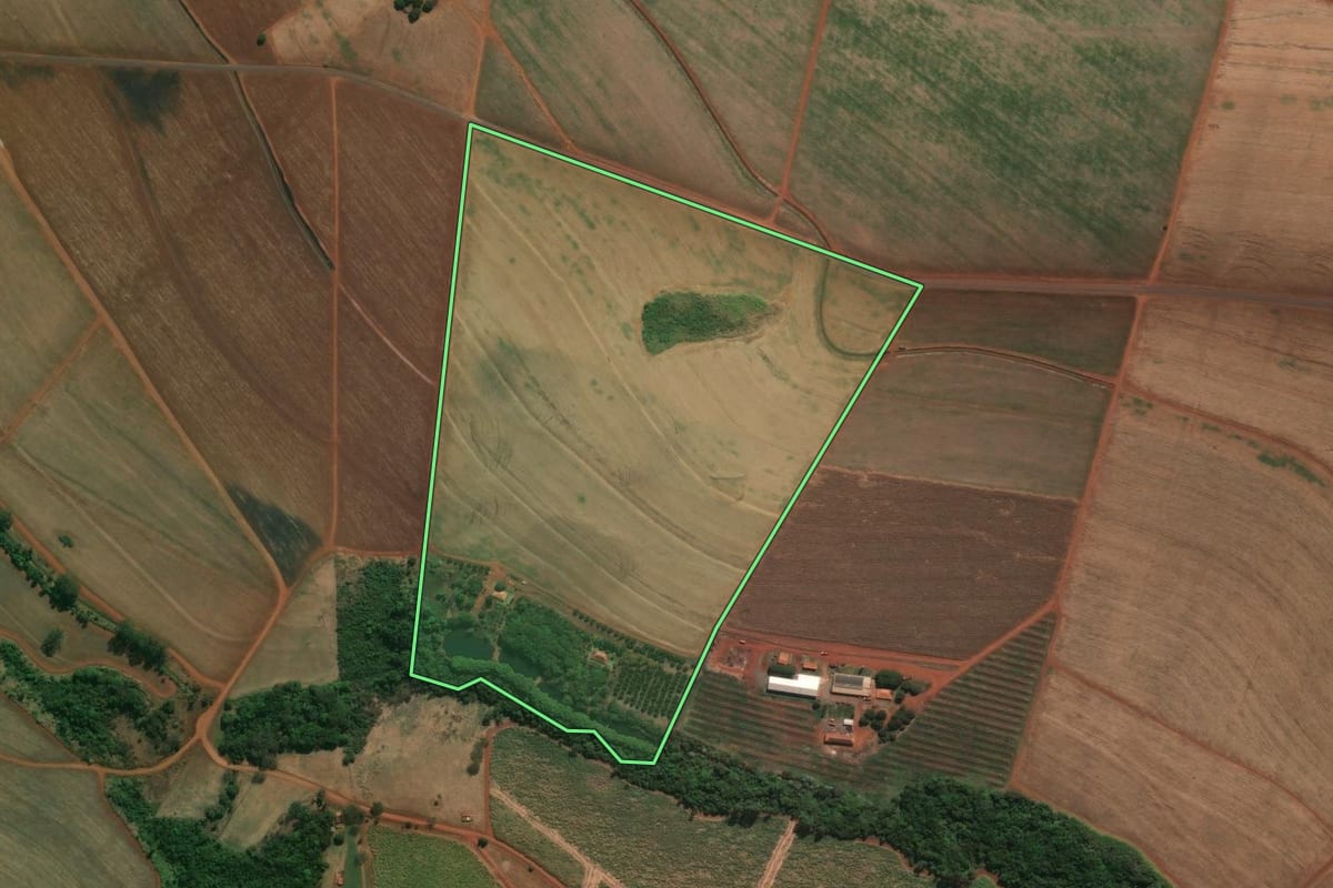 Imagem de satélite do imóvel rural em Patrocínio Paulista (SP), com o contorno declarado no CAR desenhado por cima.
