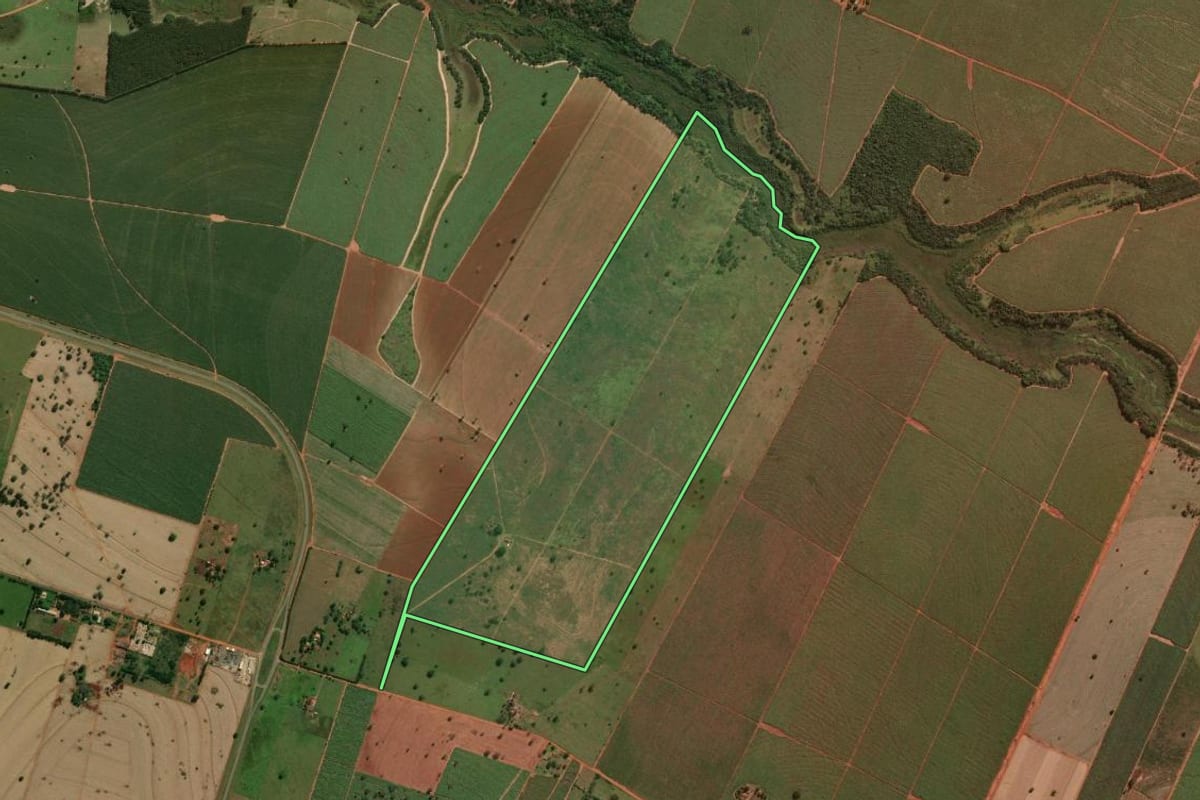 Imagem de satélite do imóvel rural em Paulicéia (SP), com o contorno declarado no CAR desenhado por cima.