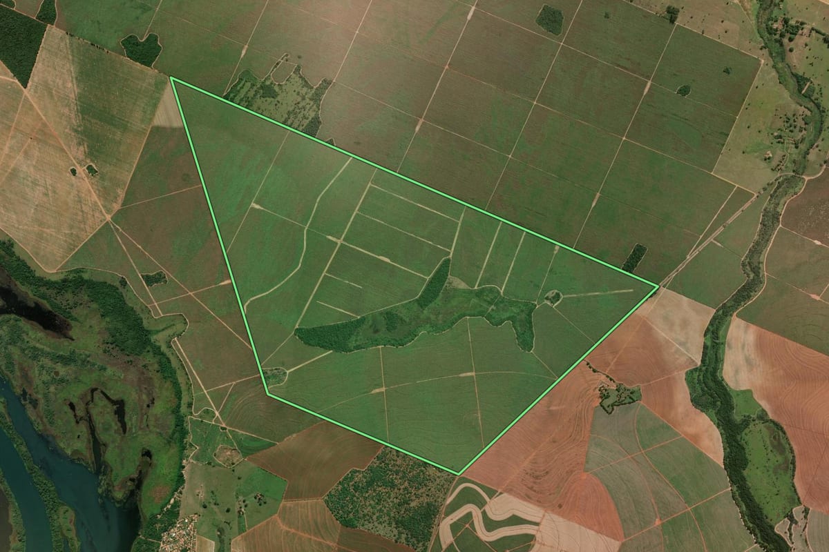 Imagem de satélite do imóvel rural em Paulicéia (SP), com o contorno declarado no CAR desenhado por cima.