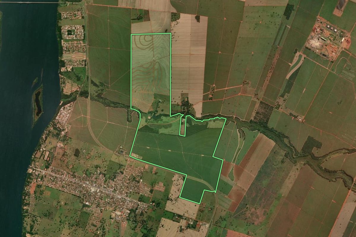 Imagem de satélite do imóvel rural em Paulicéia (SP), com o contorno declarado no CAR desenhado por cima.