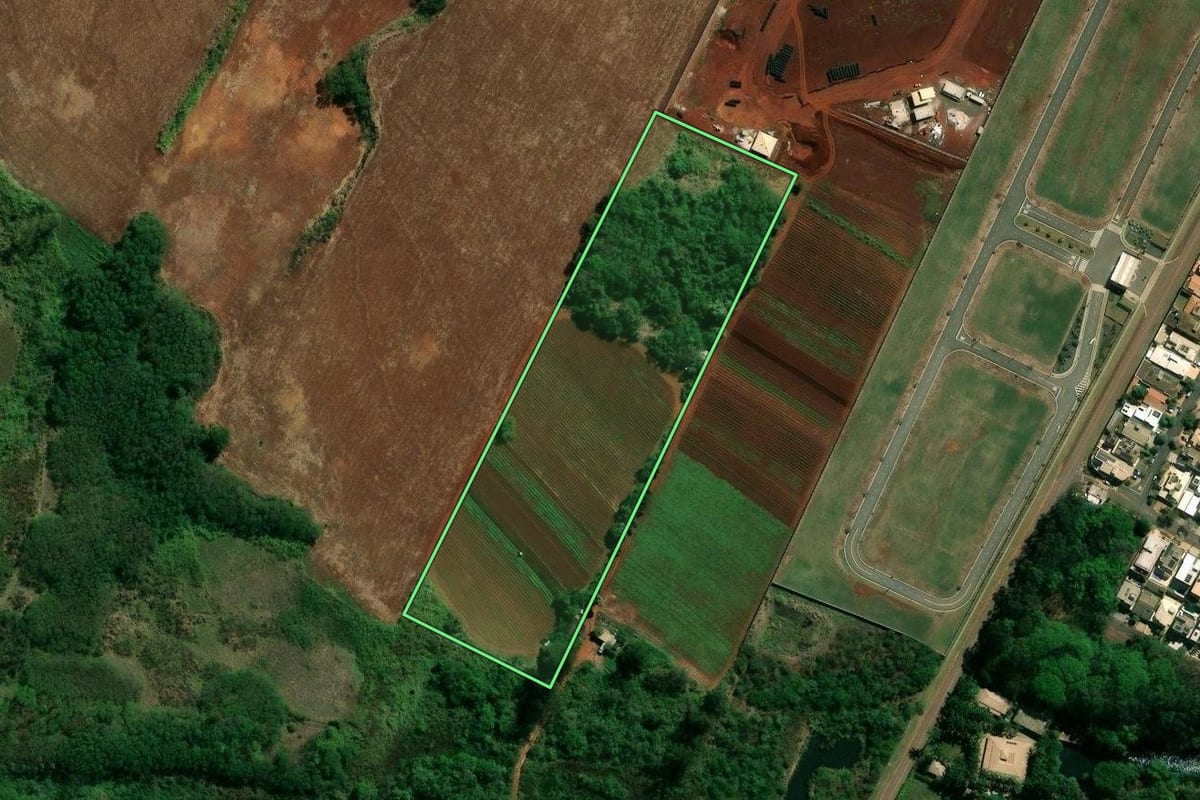 Imagem de satélite do imóvel rural em Paulínia (SP), com o contorno declarado no CAR desenhado por cima.
