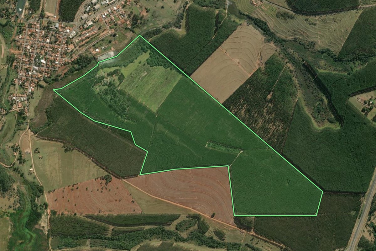 Imagem de satélite do imóvel rural em Paulistânia (SP), com o contorno declarado no CAR desenhado por cima.
