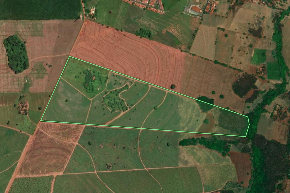 Imagem de satélite do imóvel rural em Paulo de Faria (SP), com o contorno declarado no CAR desenhado por cima.