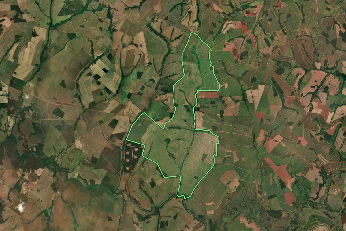 Imagem de satélite do imóvel rural em Paulo de Faria (SP), com o contorno declarado no CAR desenhado por cima.
