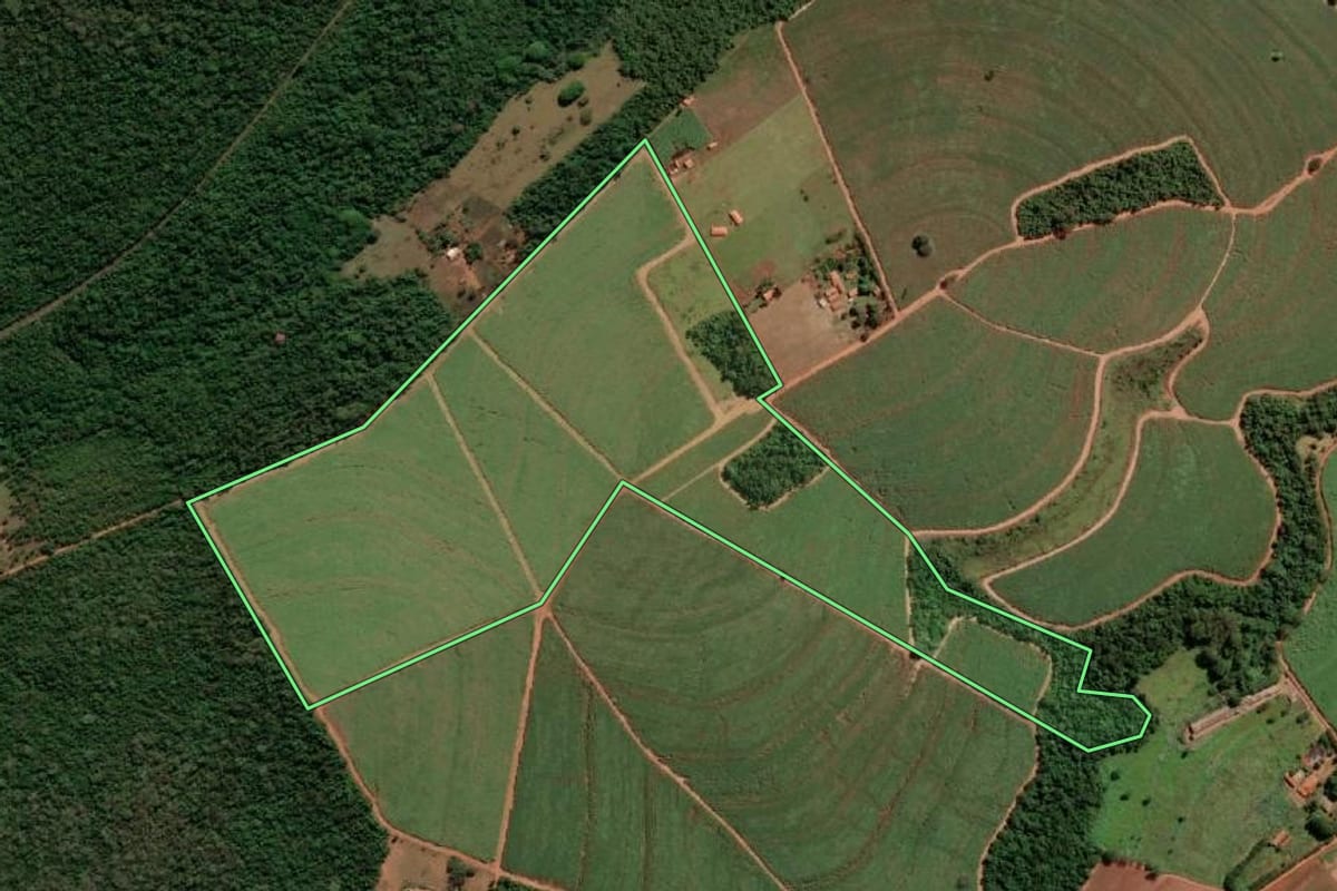 Imagem de satélite do imóvel rural em Pederneiras (SP), com o contorno declarado no CAR desenhado por cima.