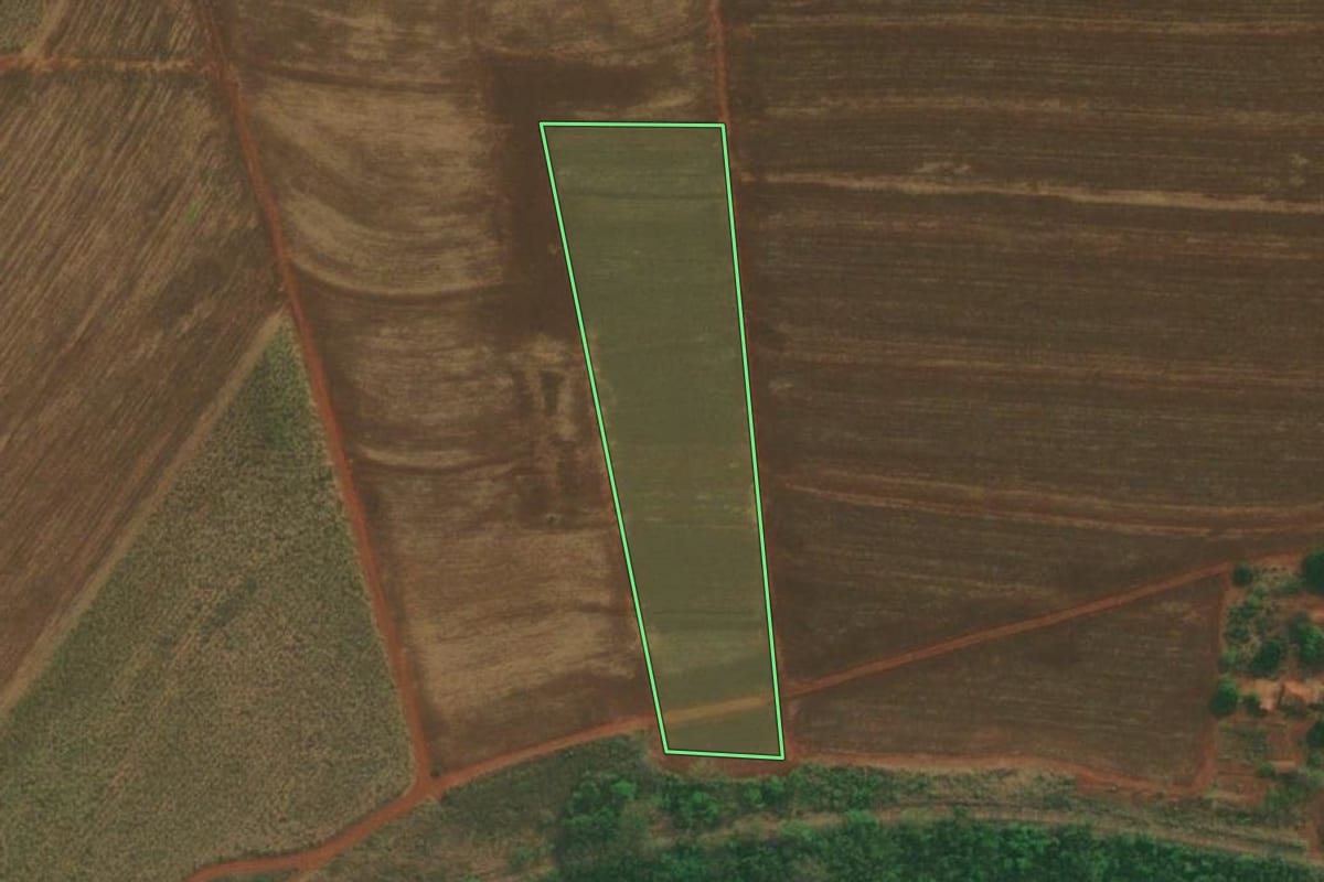 Imagem de satélite do imóvel rural em Pederneiras (SP), com o contorno declarado no CAR desenhado por cima.