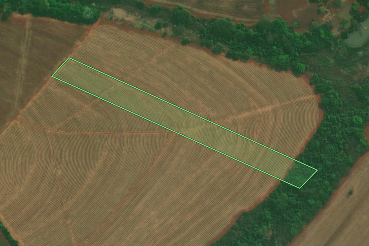Imagem de satélite do imóvel rural em Pederneiras (SP), com o contorno declarado no CAR desenhado por cima.