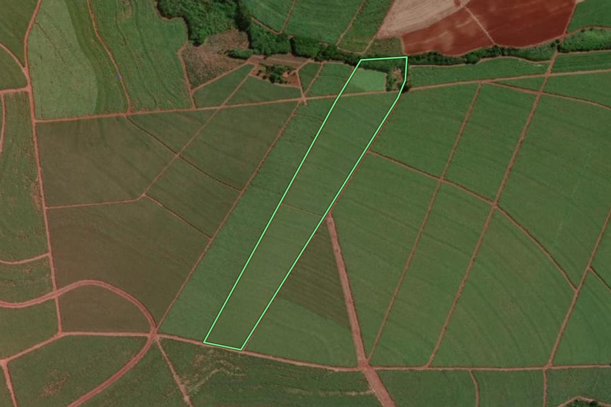 Imagem de satélite do imóvel rural em Pederneiras (SP), com o contorno declarado no CAR desenhado por cima.