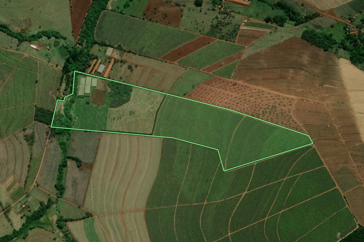 Imagem de satélite do imóvel rural em Pederneiras (SP), com o contorno declarado no CAR desenhado por cima.