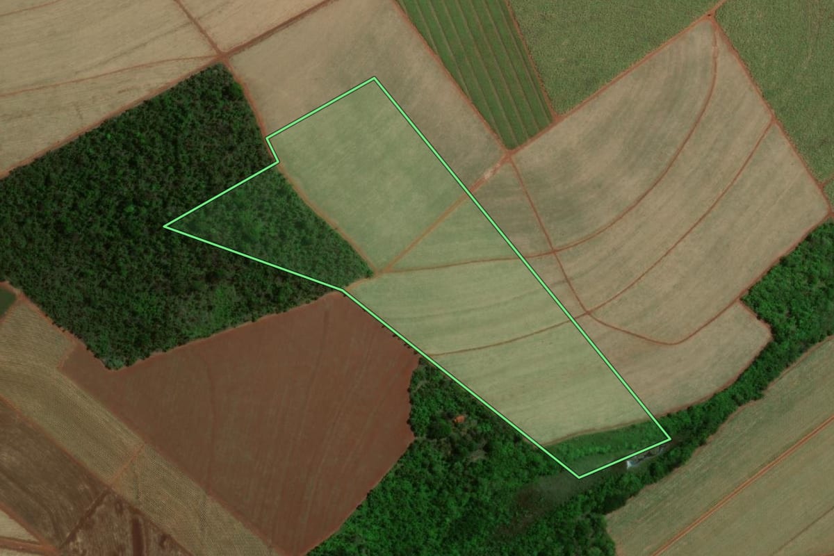 Imagem de satélite do imóvel rural em Pederneiras (SP), com o contorno declarado no CAR desenhado por cima.
