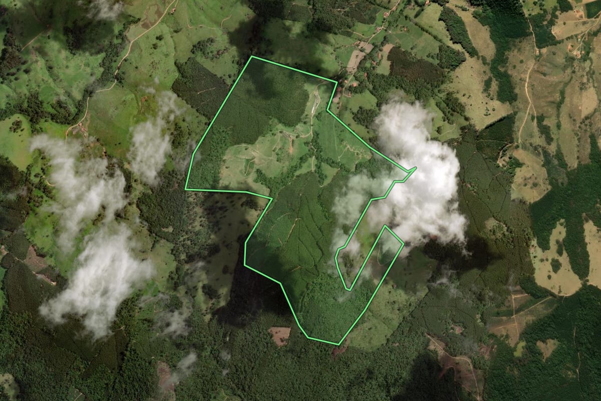 Imagem de satélite do imóvel rural em Pedra Bela (SP), com o contorno declarado no CAR desenhado por cima.