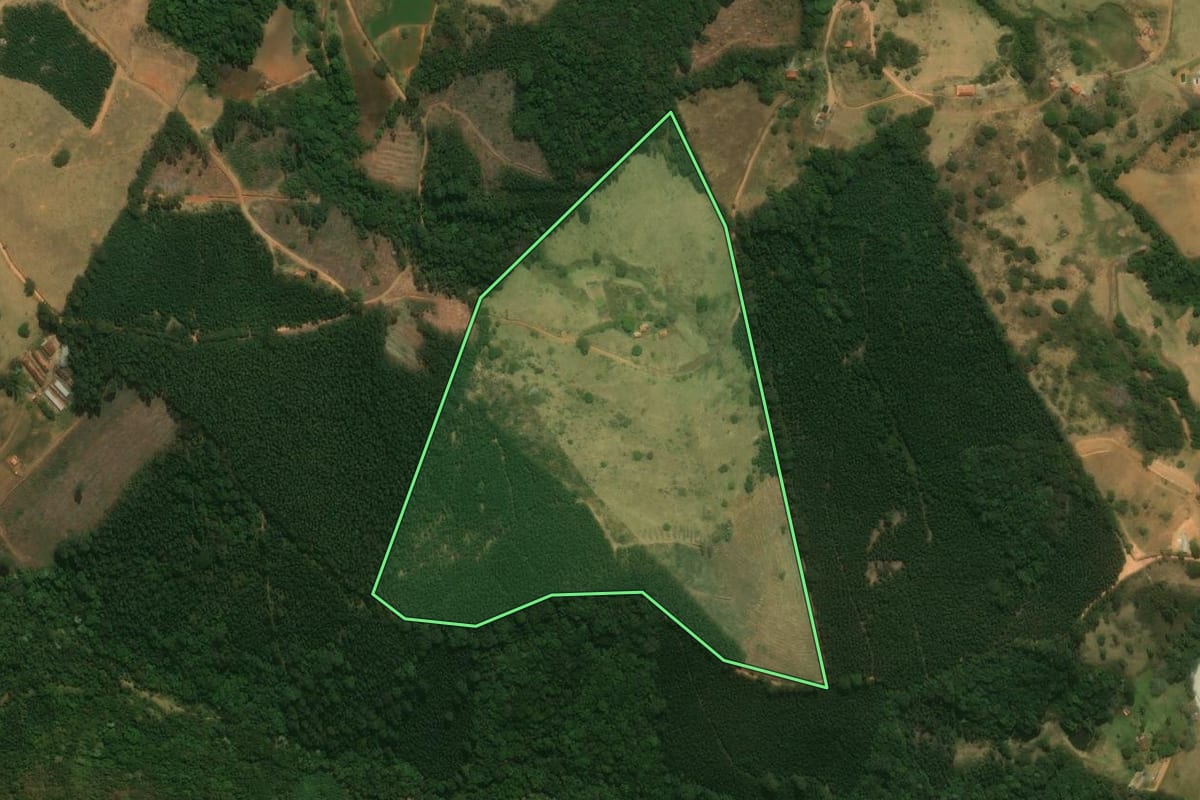 Imagem de satélite do imóvel rural em Pedra Bela (SP), com o contorno declarado no CAR desenhado por cima.