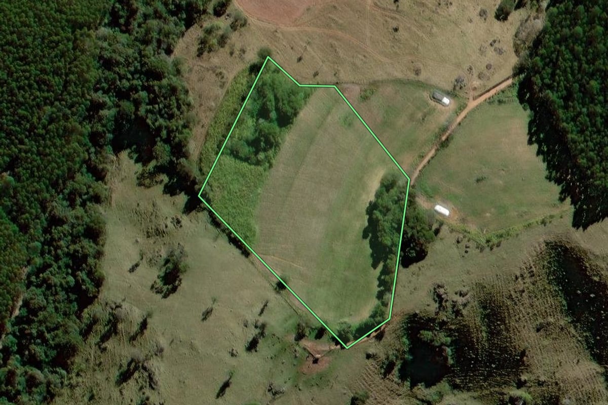 Imagem de satélite do imóvel rural em Pedra Bela (SP), com o contorno declarado no CAR desenhado por cima.